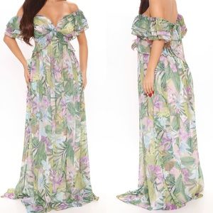 Tropical Print Chiffon Maxi Dress